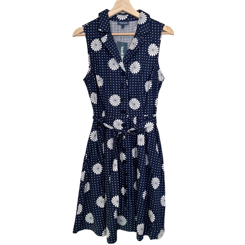 ModCloth Daisy Polka Dot Sleeveless Shirt Dress 6 Navy White Retro Mod Whimsical
